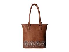 M&F Western Rhianna Tote (Brown) Tote Handbags. The MF Western Rhianna Tote is an elegantly chic style that makes an ideal everyday bag. Faux leather tote bag with rhinestones accents and silver-tone eyelets. Dual faux leather straps with metal O-ring detail. Main compartment holds your keys  wallet  sunglasses and personal technology. Back exterior carry-and-conceal compartment with dual side zip closures. Features a removabl #M&FWestern #BagsandLuggage #Handbag #Tote #Brown Faux Leather Tote Bag, Key Wallet, Brown Tote, M F, Everyday Bag, Leather Tote Bag