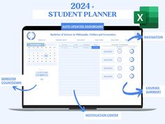 the student planner is displayed on a computer screen with arrows pointing to it and an arrow pointing