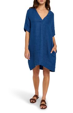 Cuffed sleeves and a drapey shift silhouette elevate this ultralightweight linen dress that's a chic look on warmer days. 35" length Slips on over head V-neck Short sleeves Side-seam pockets 100% linen Machine wash, dry flat Imported V-neck Ramie Linen Dress, Relaxed Linen Vacation Dresses, Relaxed Linen Dress For Vacation, V-neck Linen Dress With Pockets, V-neck Linen Dress For The Beach, Linen V-neck Tunic For Daywear, Short Sleeve Linen Dress For Vacation, Casual Linen V-neck Shift Dress, Relaxed Fit Linen V-neck Dress For Vacation