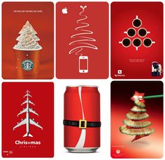 four christmas cards with different types of food and drinks on them, all decorated in the same style