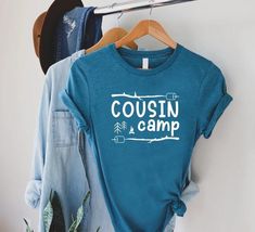 Cousin Camp T-shirt,Cousin Camping Shirt,Cousins Crew Camp Matching Gift Tee,Cousin Summer Camp Gift,Family Camping TShirt,Hiking Gift Ideas,Camping Crew,Summer Camp,Camping Weekend 👌HOW TO ORDER 1-) Please, check and review all the photos. 2-) Choose your t-shirt size and color. *Different styles of shirts may have different shades of same color choice due to different manufacturer brands. *For this reason, we recommend you to match shirts from the same styles if you want precisely matching co Blue Cotton Tops For Camping, Blue Crew Neck Top For Camping, Casual Custom Print Tops For Camping, Casual Tops With Custom Print For Camping, Family Matching Cotton T-shirt For Camping, Camping Tshirt Ideas, Hiking Gift Ideas, Summer Camp Gift, Cousin Camp