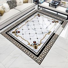 Black and White Rug Pattern Self Adhesive Floor Mural, Custom Sizes Available Maughon's Marble Border, Italian Marble Flooring, Ceiling Trim, Waterproof Floor, Floor Murals