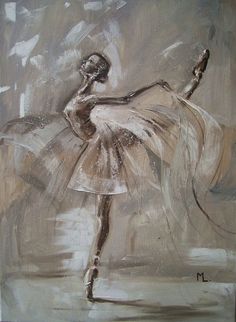 a painting of a ballerina in white and grey colors, with her arms outstretched