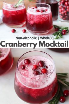 cranberry mocko cocktail in glasses with rosemary garnish