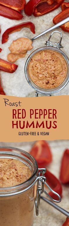 red pepper hummus in a glass jar with spoons