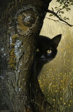 a painting of a black cat peeking out from behind a tree with yellow flowers in the background