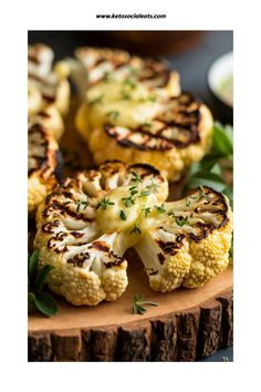 Grilled cauliflower steaks garnished with fresh herbs on a rustic wooden board. Grilled Cauliflower, Feta Chicken, Cauliflower Steaks, Herb Roasted Chicken