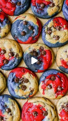 red, white and blue cookies with chocolate chips