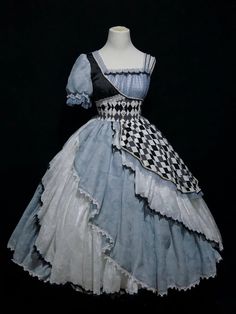 Blue Asymmetrical Sleeves Checkerboard Pattern Lolita Dress Alice in Wonderland Vibes Long Version Alice In Wonderland Dress, Wonderland Dress, Alice In Wonderland Costume, Wonderland Costumes, Check Dress, July 10, Asymmetrical Design, Lolita Dress, Dress Code