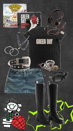 #greenday #outfitinspo #ootd #music #consertfit #greendayaesthetic Black And Green Concert Outfit, Green Day Shirt Outfit, Green Day Inspired Outfits, Green Day Concert Outfit Ideas, Greenday Concert Outfits, Greyday Outfits, Grey Day Concert Outfit, Green Day Concert Outfit, Concert Outfits Rock