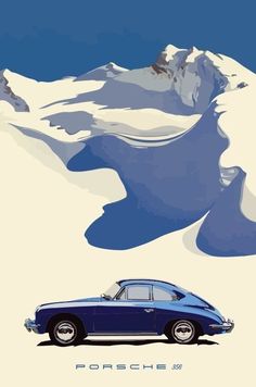 a blue car parked in front of a snow covered mountain with the word porsche on it