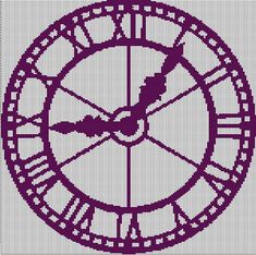 a cross stitch pattern of a clock with roman numerals in purple and white