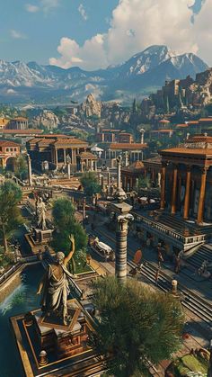 an aerial view of the ancient city of rome, with mountains in the back ground