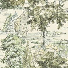 a drawing of trees and bushes on a wallpapered background with watercolors