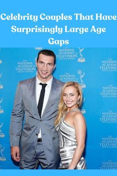 a man and woman standing next to each other in front of a blue background with the words celebrity couples that have surprisingly large age gos