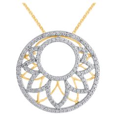 This diamond circle pendant fits any occasion with ease. These circle pendants are studded with 149 single cut and brilliant Cut natural diamonds in prongs setting in 18kt two tone gold. Diamonds are graded as H-I color and I-2 clarity. Pendant suspends along a cable chain that secures with a spring-ring clasp. Diamond Circle Pendant, Big Diamond, Circle Diamond, Circle Pendant, 2 Carat, Round Cut Diamond, Cable Chain, Spring Rings, Prong Setting