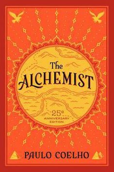 the book cover for de alchemist by paul coeho, with an orange background and