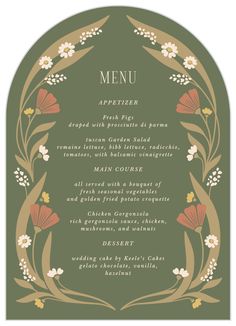 a menu with flowers and leaves in the center, on a dark green background is an oval