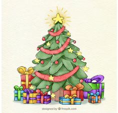 Cute Christmas Tree Drawing, Draw Christmas Tree, Watercolour Christmas Tree, Happy New Year Art, X Mas Tree, New Year Tree, Christmas Tree Decorated, Watercolour Christmas