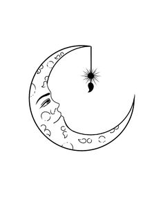 a drawing of the crescent moon with a black and white image of it's face