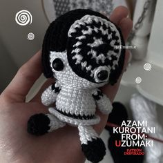 a small crocheted toy is being held in someone's hand with the caption, azmi kurotani from uzumaki