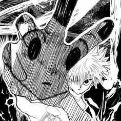 a black and white drawing of an anime character with his head in the air, surrounded by other characters