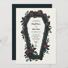 a wedding card with roses and leaves on the border, in front of a white background