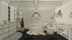 a baby's room with a white crib, dressers and other furniture