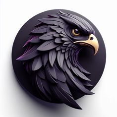 a paper sculpture of an eagle on a white wall with purple and gold accents,