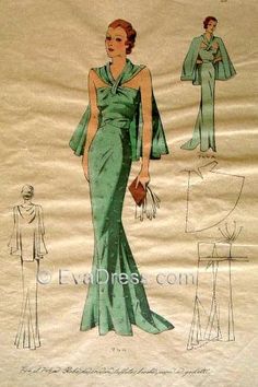 1930's Dinner Gown & Cape Pattern by Evadress - Etsy 1930s Patterns, Gown Cape, Dinner Gown, 1930 Fashion, 1930's Fashion, Patron Vintage, Cape Pattern, 30s Fashion, Gown Pattern