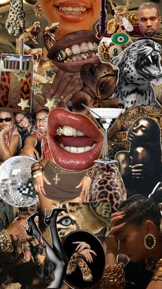 a collage of photos with different people and animals on them, including an image of a woman's face