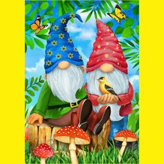 two gnomes are sitting next to each other in the grass with mushrooms and butterflies around them