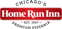 the chicago's home run inn logo is shown in red and white with black lettering