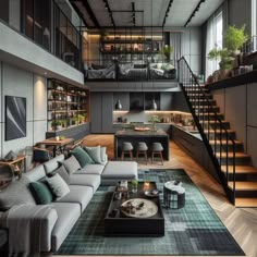 a living room filled with furniture next to a staircase leading up to a second story