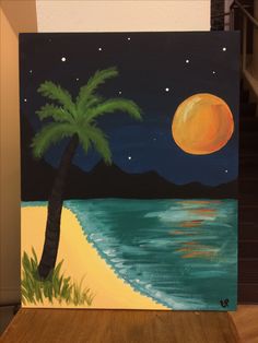 an acrylic painting of a palm tree on the beach at night with moon and stars