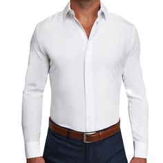 Our signature athletic fit dress shirt crafted from performance stretch fabrics. "The Springer" solid white dress shirt is a versatile and timeless dress shirt that every man should have in their lineup. Fit: More room in the upper body with a tapered waist Fabric Feel : Four-way stretch performance polyester / spandex fabric Fabric Function : Moisture-wicking, lightweight and wrinkle free Styling: Structured semi-spread collar and single button angled cuffs Additional Styling: Hidden under-the- White Fitted Professional Shirt, Classic White Dress Shirt For Office, Semi-formal Solid Color Fitted Dress Shirt, Fitted Solid Color Dress Shirt For Semi-formal Occasions, Fitted Semi-formal Dress Shirt, Smart Solid Color Dress Shirt For Business Casual, Smart Solid Dress Shirt For Business Casual, Smart White Dress Shirt For Business Casual, Solid Color Spread Collar Dress Shirt For Business Casual