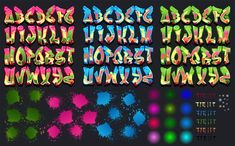 some type of graffiti font with different colors and shapes on it's sides, including letters