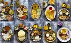 several pictures of different plates of food on a table with drinks and sauces in them