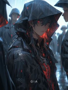 a group of people standing in the rain wearing black hats and red eyeliners