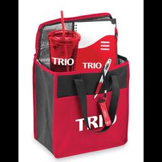 a red and black cooler bag filled with items like a drink, toothbrushes, an ice pack and a straw