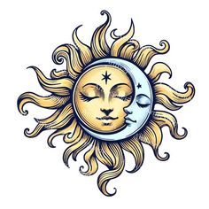 the sun and moon with faces drawn in engraving style on white background, hand drawn illustration