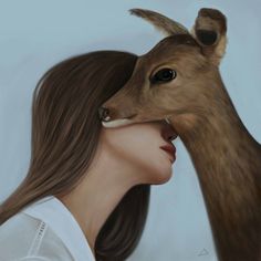 a painting of a woman kissing a deer's head with her nose close to the face