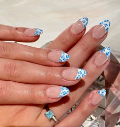 French tip cheetah print blue almond nails Nail Cheetah Designs, Different Blue French Tip Nails, Cheetah French Tips, Trendy Nail Inspo Almond, White Nail Inspo Almond, Cute Blue French Tip Nails, Nail Ideas Cheetah Print, Nail Inspo Easy At Home, Preppy Almond Nails