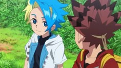 two anime characters standing next to each other in front of some grass and bushes with blue hair