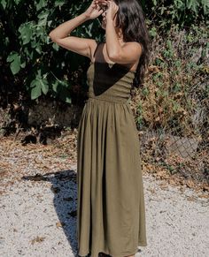 We can't get enough of Helya in our Strappy Bodice Dress in Olive Branch. ⁠