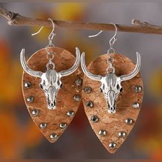 Cork Style Dangle Earrings With Silver Studs And Bull Skull. Hook Style Piercing. Comes Brand New In Package. Bundle And Save 15% Accepting Reasonable Offers! All Orders Are Shipped Same Day Or Next!! New To Poshmark? Sign Up And Enter Invite Code: Acallender09 And Receive $10 Off Your First Order! Bull Head Decor, Jewelry Western, Bull Head, Handbag Stores, Bull Skull, Bull Skulls, Holiday Earring, Rhinestone Studs, Silver Rhinestone