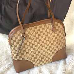 Gucci Bree Bag Beige Canvas With Leather Trim And Gold Hardware, Cone With Dust Bag No Box, Size 14 X 11.5 Inches Elegant Gucci Monogram Canvas Bag, Bags Gucci, Gucci Bags, Leather Trim, Gucci Bag, Leather Trims, Gold Hardware, Dust Bag, Bag Lady