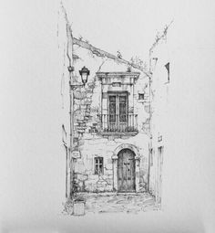 a drawing of an old building with a lamppost and door on the outside wall