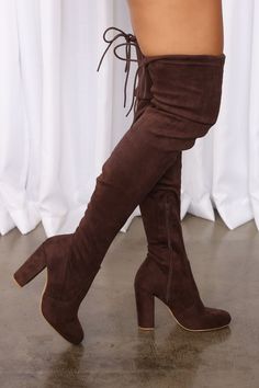 Available In Chocolate. Thigh High Boot Rounded Toe Stacked Heel Inner Size Zipper Back Tie Faux Suede Upper, Man Made Sole 4 Inch Heel | Pretty In Thigh High Boots in Chocolate Brown size 5.5 by Fashion Nova Cheap Thigh High Boots, Tie Up Thigh High Boots, Thigh High Tie Up Boots, Flat Thigh High Boots Brown, Thigh Boots Brown, Winter Dress Thigh High Boots, Thick Thighs Boots, Mini Skirt Thigh Boots, Skirts For Thigh High Boots