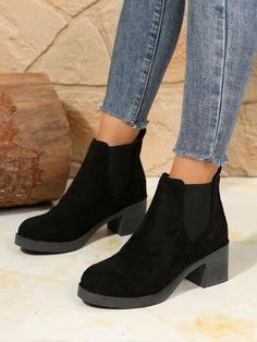 Chunky Heel Women Short Boots, Fashion Versatile Elegant Solid Color Chelsea Boots, Round Toe Comfortable Casual High Heel Shoes, Short Plush Warm Ankle Boots Black     Plain    Women Shoes, size features are:Bust: ,Length: ,Sleeve Length: